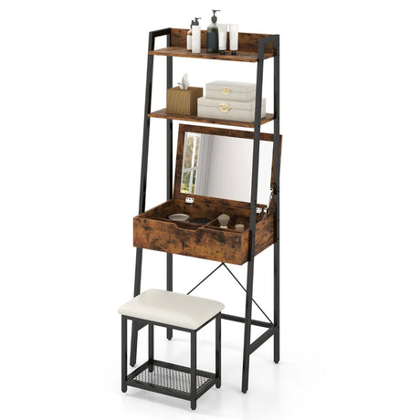 Ladder Vanity Desk Set with Flip Top Mirror and Cushioned Stool-Black