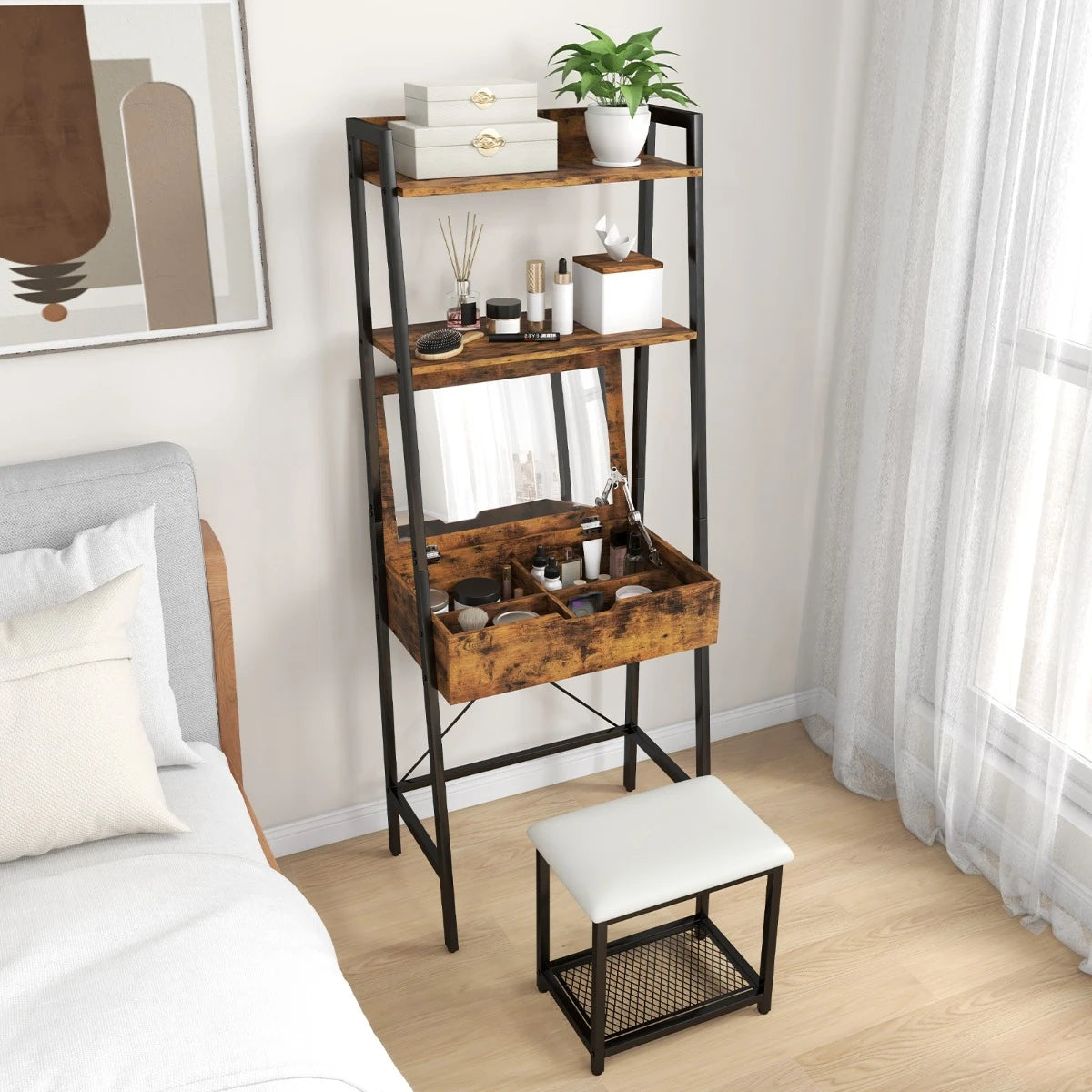 Ladder Vanity Desk Set with Flip Top Mirror and Cushioned Stool-Black