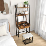Ladder Vanity Desk Set with Flip Top Mirror and Cushioned Stool-Black