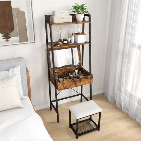 Ladder Vanity Desk Set with Flip Top Mirror and Cushioned Stool-Black