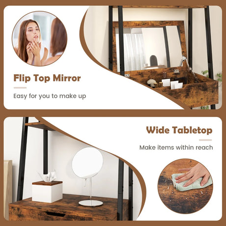 Ladder Vanity Desk Set with Flip Top Mirror and Cushioned Stool-Black