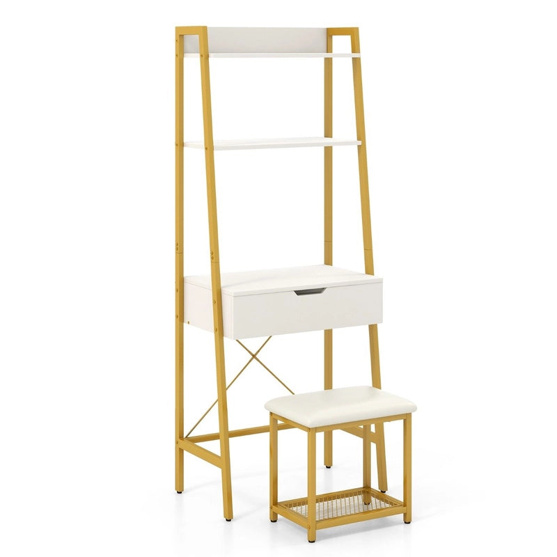 Ladder Vanity Desk Set with Flip Top Mirror and Cushioned Stool-Golden