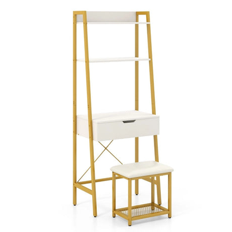 Ladder Vanity Desk Set with Flip Top Mirror and Cushioned Stool-Golden