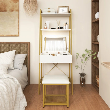 Ladder Vanity Desk Set with Flip Top Mirror and Cushioned Stool-Golden