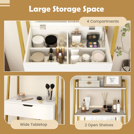 Ladder Vanity Desk Set with Flip Top Mirror and Cushioned Stool-Golden