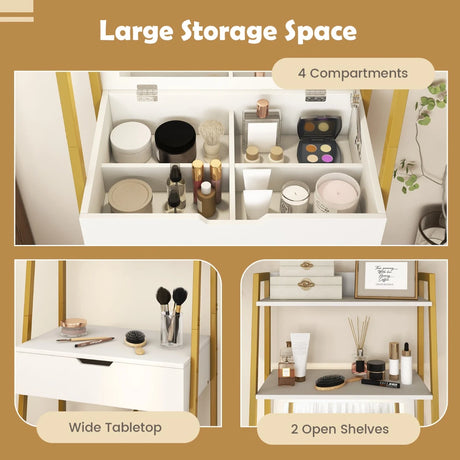 Ladder Vanity Desk Set with Flip Top Mirror and Cushioned Stool-Golden