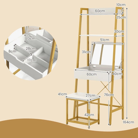 Ladder Vanity Desk Set with Flip Top Mirror and Cushioned Stool-Golden