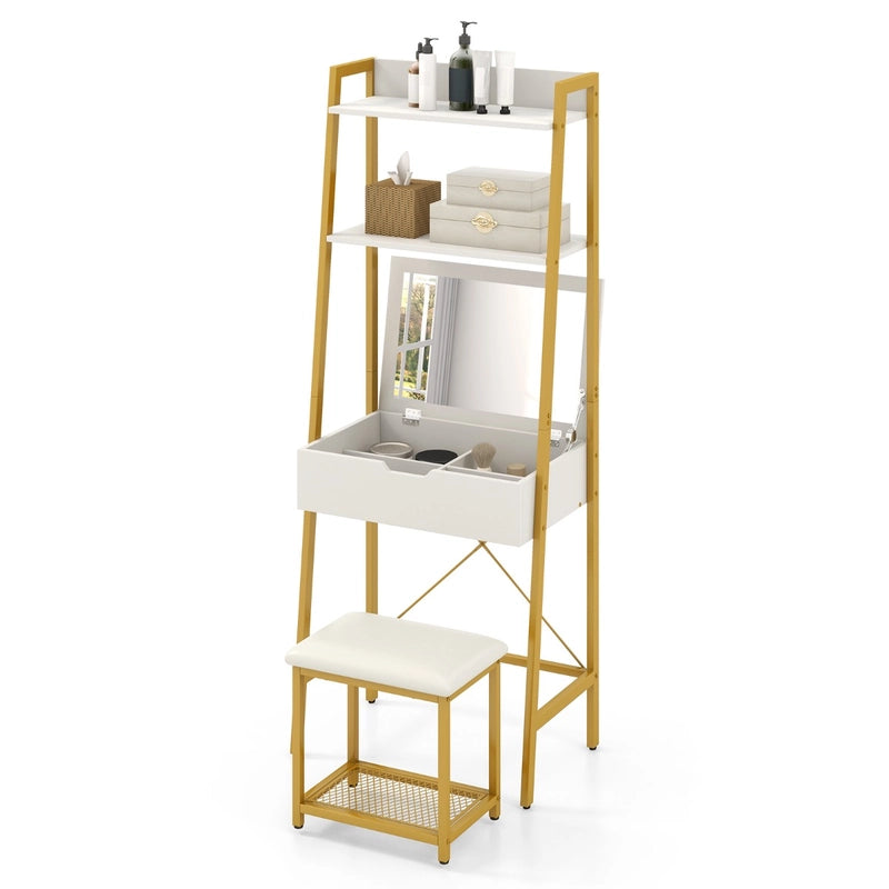 Ladder Vanity Desk Set with Flip Top Mirror and Cushioned Stool-Golden