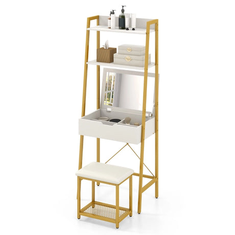 Ladder Vanity Desk Set with Flip Top Mirror and Cushioned Stool-Golden