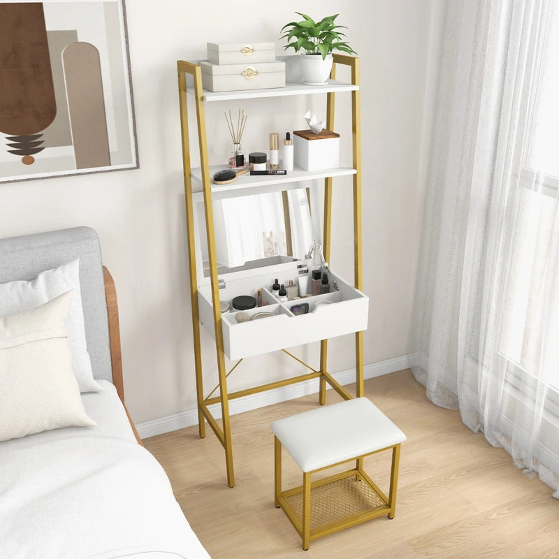 Ladder Vanity Desk Set with Flip Top Mirror and Cushioned Stool-Golden