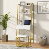Ladder Vanity Desk Set with Flip Top Mirror and Cushioned Stool-Golden