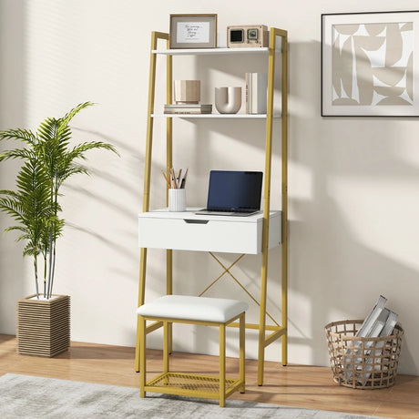 Ladder Vanity Desk Set with Flip Top Mirror and Cushioned Stool-Golden