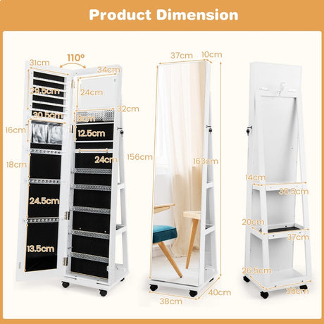 64 Inches Lockable Jewelry Cabinet Armoire with Built-in Makeup Mirror-White