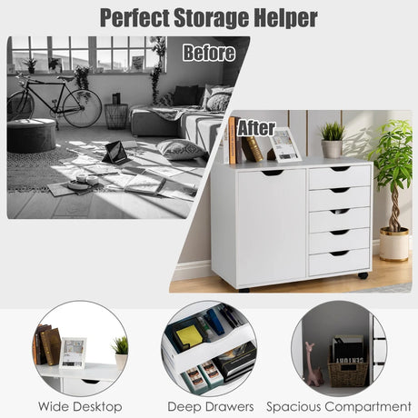 Mobile Storage Unit with 5 Drawers & Cupboard