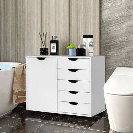 Mobile Storage Unit with 5 Drawers & Cupboard
