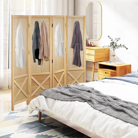 144 cm 4-Panel Pegboard Display Stand with Solid Wood Frame-Natural