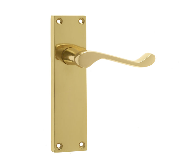 Victorian Scroll Door Handle on Long Latchset Plate Polished Brass