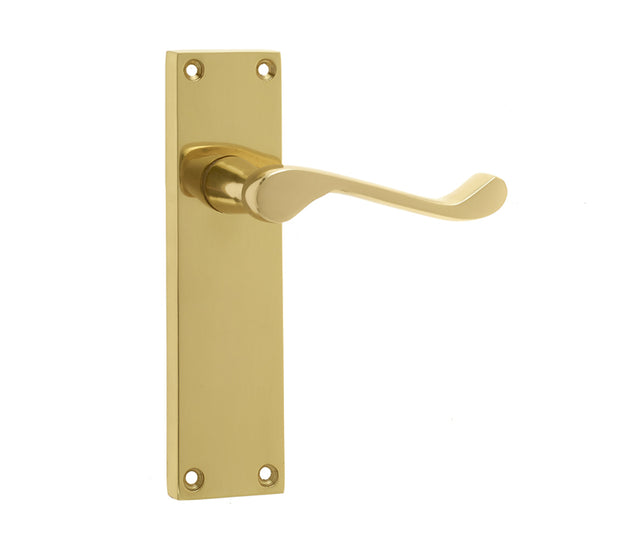 Victorian Scroll Door Handle on Long Latchset Plate Polished Brass