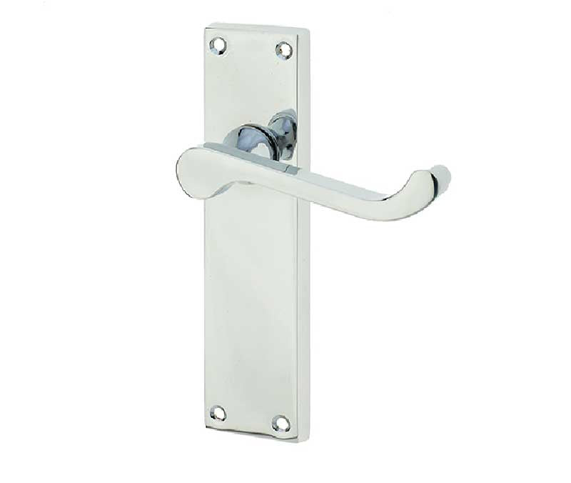 Victorian Scroll Door Handle on Long Latchset Plate Polished Chrome