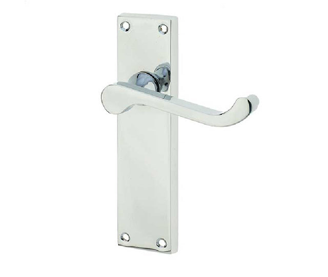 Victorian Scroll Door Handle on Long Latchset Plate Polished Chrome