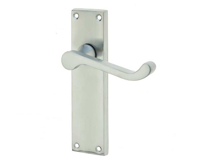 Victorian Scroll Door Handle on Long Latchset Plate Satin Chrome