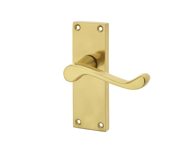 Victorian Scroll Door Handle on Short Latchset Plate Polished Brass