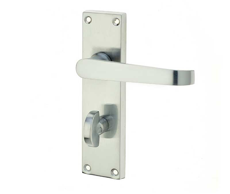 Victorian Straight Door Handle on Bathroom Plate Satin Chrome