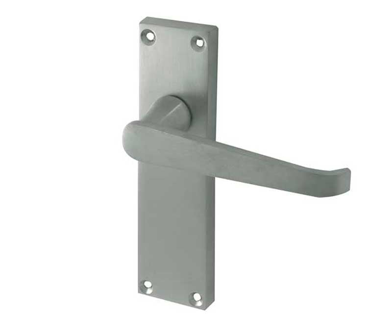 Victorian Straight Door Handles on Long Latchset Plate Satin Chrome
