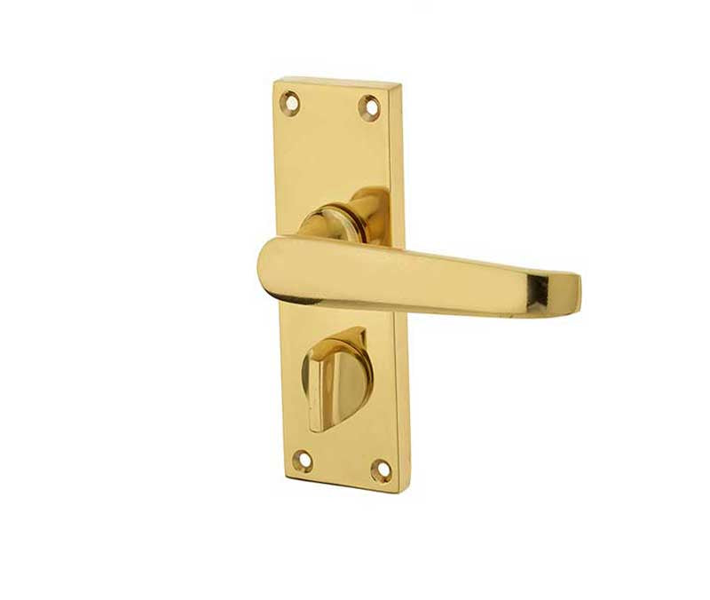 Victorian Straight Door Handle on Privacy Plate Polished Brass