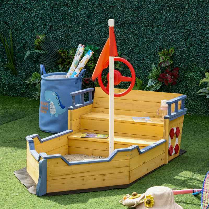 Outsunny Sand pit Kids Children Sandpit Wooden Pirate Ship Sandboat Outdoor Backyard Playset w/Bench Bottom Liner