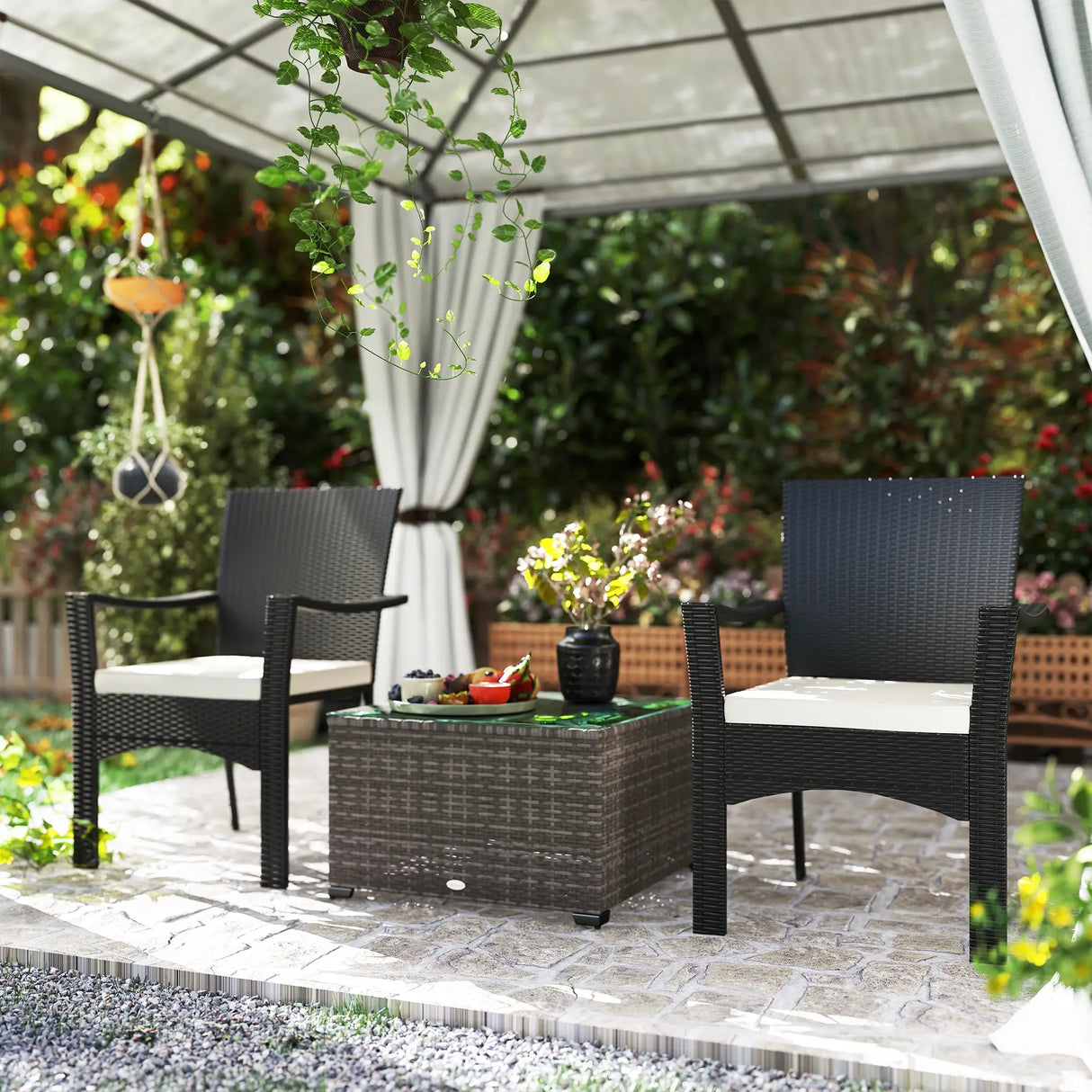 Outsunny 62 x 62cm Glass-Top Rattan Side Table - Dark Grey