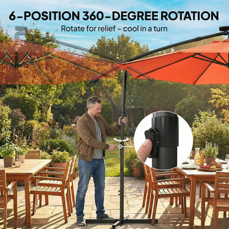Outsunny 3 m Garden Cantilever Parasol with LED Solar Light, Round Overhanging Umbrella with 360 Rotation, Cover, Orange