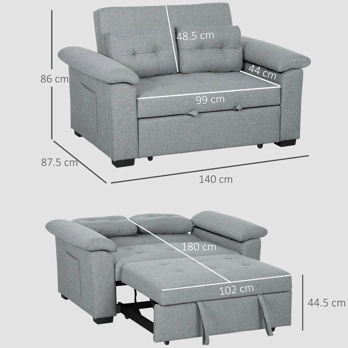HOMCOM Pull Out Sofa Bed, Fabric 2 Seater Click Clack Sofa Bed Settee with 2 Pocket Springs, Convertible Sofa Couch with Pillows and Side Pockets for Living Room, Home Office, Light Grey