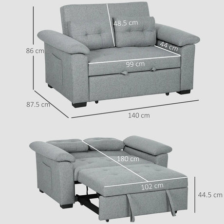 HOMCOM Pull Out Sofa Bed, Fabric 2 Seater Click Clack Sofa Bed Settee with 2 Pocket Springs, Convertible Sofa Couch with Pillows and Side Pockets for Living Room, Home Office, Light Grey