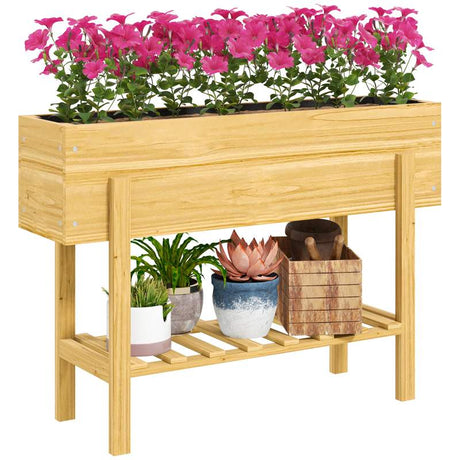 Outsunny Wooden Raised Garden Bed, Elevated Planter Box with Bed Liner, Drainage Holes and Storage Shelf, Raised Planter for Vegetables, Flowers, Herbs, 100 x 30 x 71 cm, Natural Wood Finish