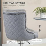 HOMCOM Bar Stools Set of 2, Modern Swivel & Adjustable Velvet Barstools with Button Tufted Back, Footrest, Nailhead Trim for Home Bar, Grey