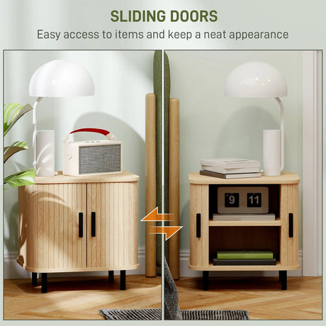 HOMCOM Bedside Table, Nordic Side Table with Roller Shutter Style Sliding Doors and Metal Legs for Bedroom, Living Room, Oak Tone