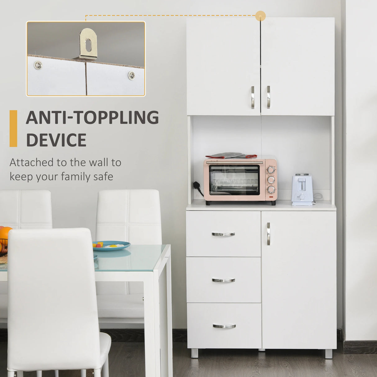 HOMCOM Free standing Kitchen Cupboard, Storage Cabinet with Doors and Sheleves, 3 drawers and Open Space, Adjustable Height Storage Unit, White