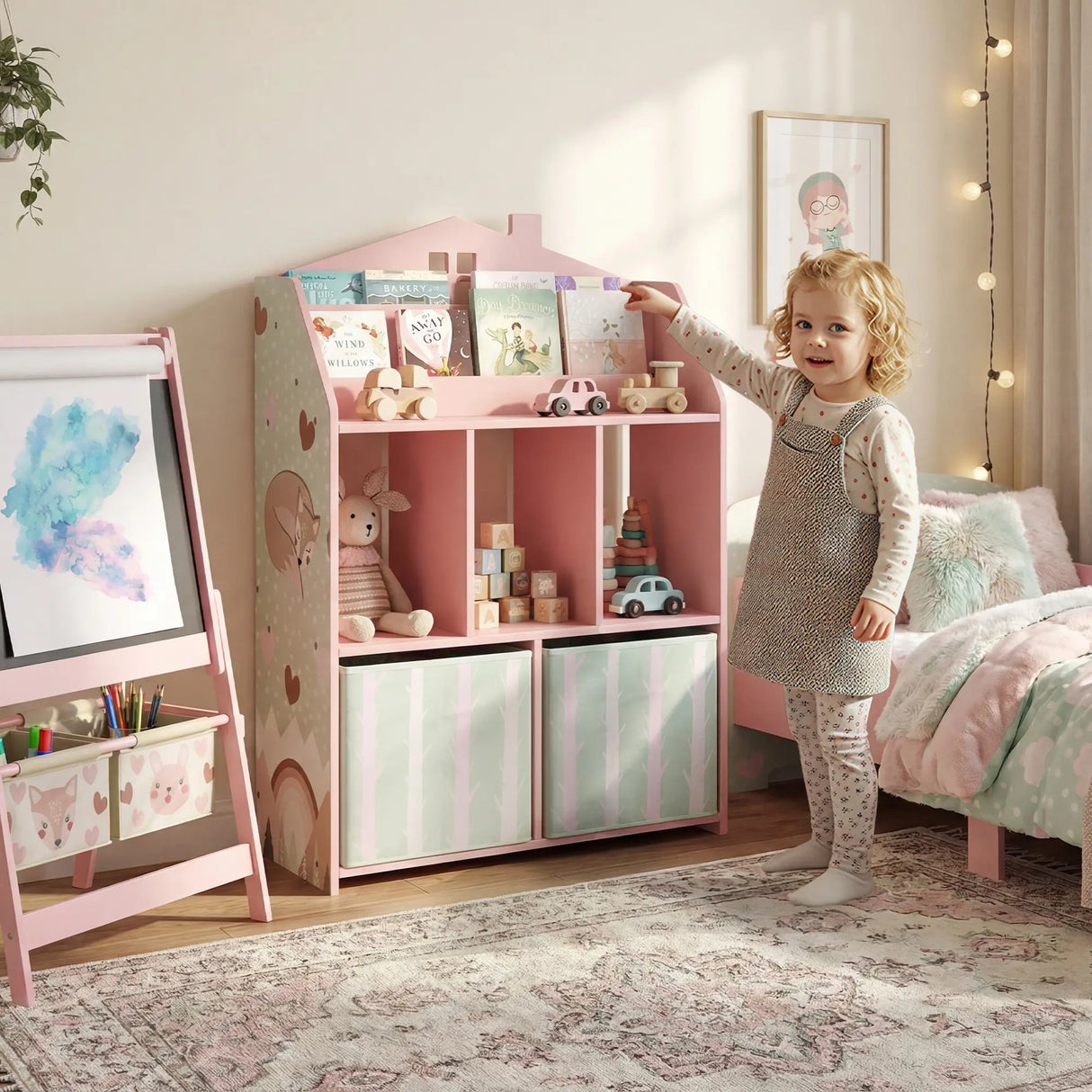 AIYAPLAY Kids Bookshelf with Storage, Toy Storage Unit with Book Display, Shelves and Fabric Drawers for Playroom Nursery, Pink