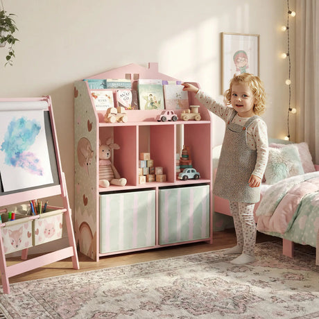AIYAPLAY Kids Bookshelf with Storage, Toy Storage Unit with Book Display, Shelves and Fabric Drawers for Playroom Nursery, Pink
