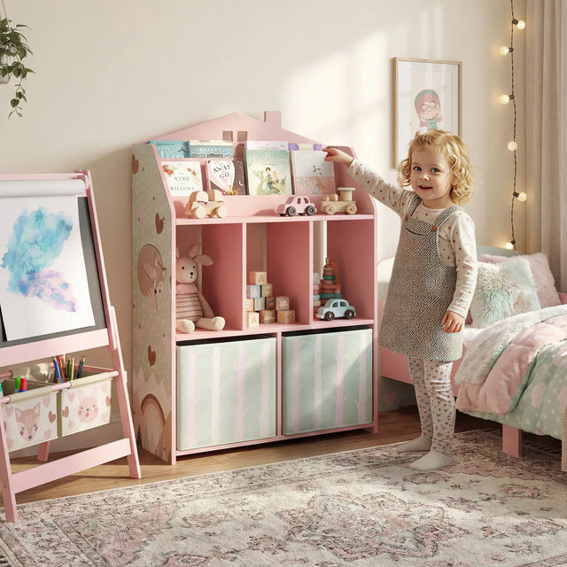 AIYAPLAY Kids Bookshelf with Storage, Toy Storage Unit with Book Display, Shelves and Fabric Drawers for Playroom Nursery, Pink