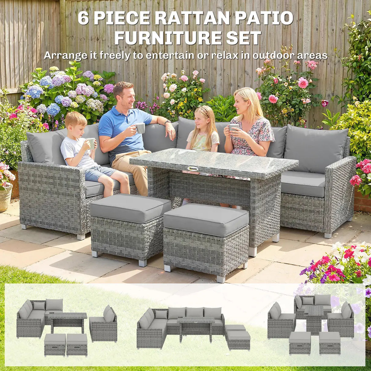 Outsunny 6 Seater Rattan Garden Furniture Set with 3 Sofas, 2 Footstools, Table, Patio Rattan Furniture Sofa Sets, Grey
