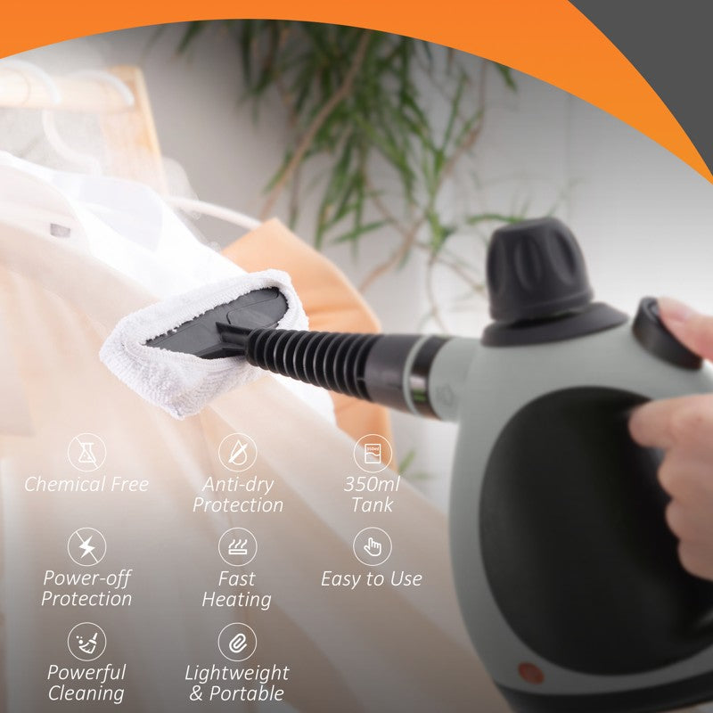 HOMCOM Handheld Steam Cleaner for Chemical Free Cleaning, Portable Multi-purpose Steamer with 9 Pieces Accessory for Kitchen, Bathroom, Window, Car Seat, Carpet, Sofa, 1050W, 350ML Tank, Grey