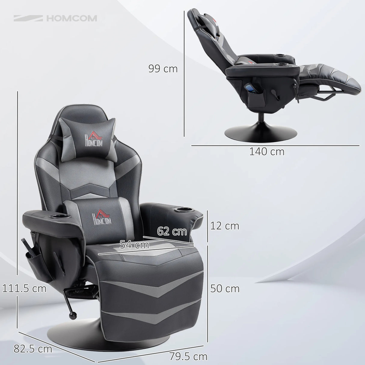 HOMCOM Massage Gaming Chair, Swivel Racing Video Gaming Recliner with Retractable Footrest, Headrest, Cup Holders and Side Pockets, Ergonomic High Back PU Leather Executive Desk Chair, Grey