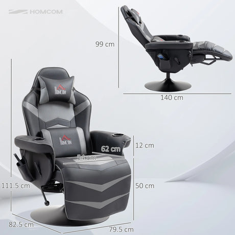 HOMCOM Massage Gaming Chair, Swivel Racing Video Gaming Recliner with Retractable Footrest, Headrest, Cup Holders and Side Pockets, Ergonomic High Back PU Leather Executive Desk Chair, Grey