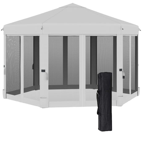 Outsunny 3.2m Pop Up Gazebo Hexagonal Canopy Tent Outdoor Sun Protection with Mesh Sidewalls, Handy Bag, Light Grey