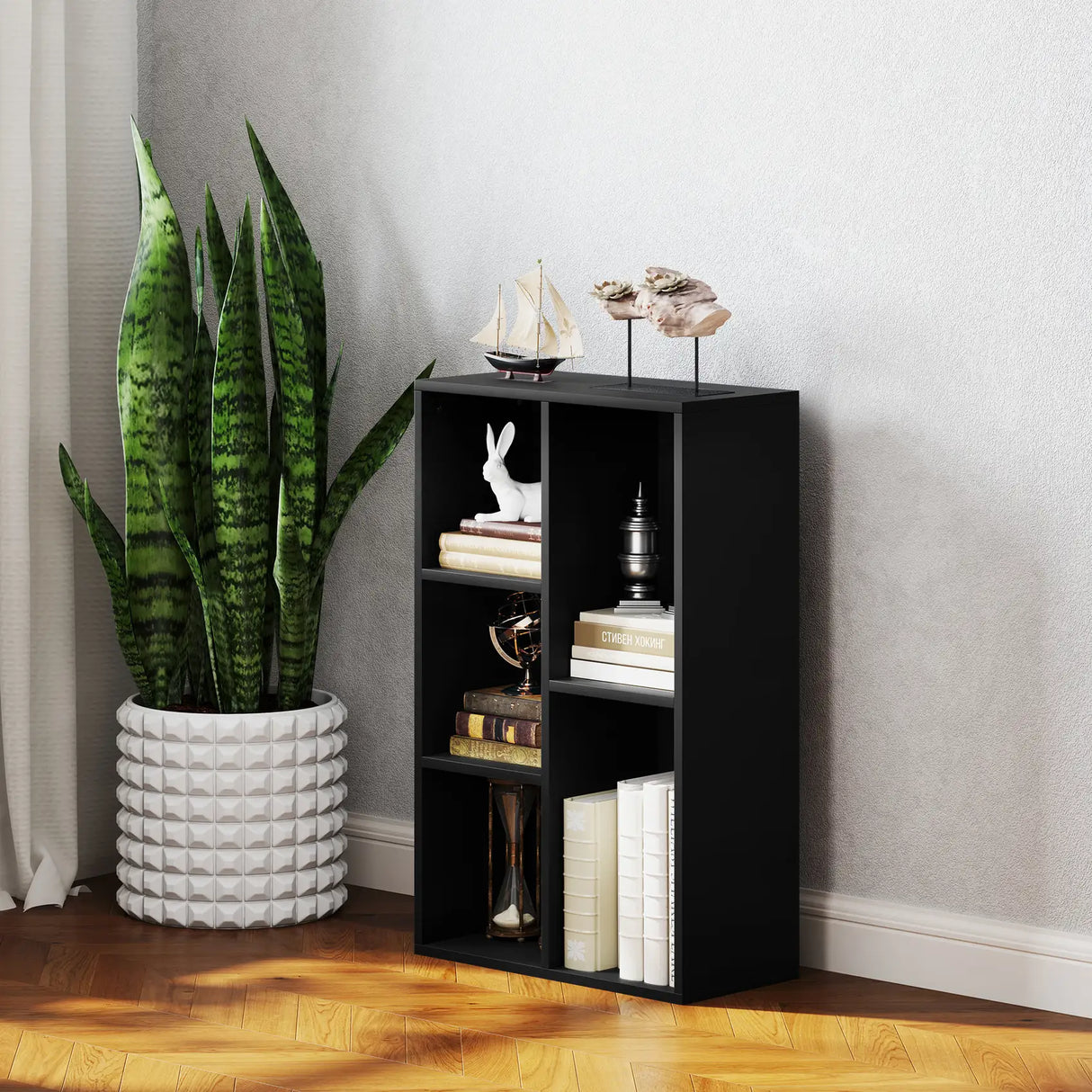 HOMCOM 2-Tier Bookshelf with 5 Compartments - Black