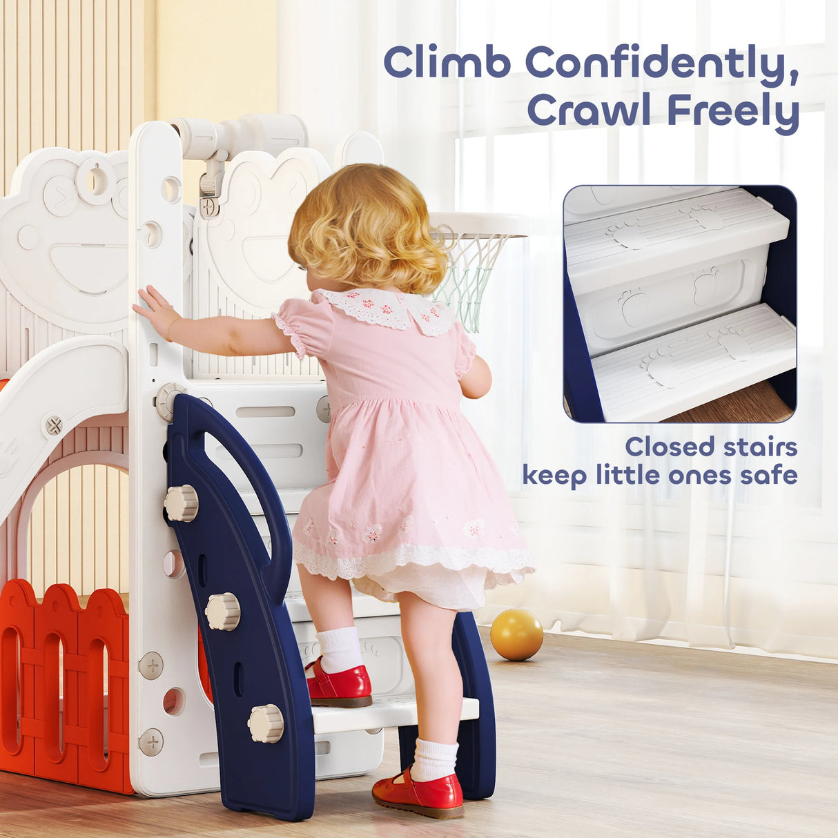 AIYAPLAY 5 in 1 Kids Slide Set with Basketball Hoop, Climbing Frame, Telescope, Storage Box for Toddlers Ages 1-3, Orange