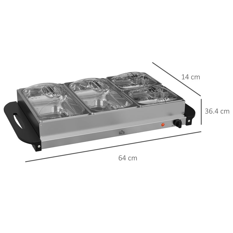 HOMCOM 4 Tray Electric Food Warmer Buffet Server with Warming Plate, Cool Touch Handles, Adjustable Temperature, 300W, 2 x 2.4L and 2 x 1L Pans