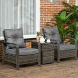 Outsunny 3 Pieces Rattan Bistro Set, Wicker Garden Furniture Set with Storage Coffee Table and Chairs, Thickened Cushions for Outdoor, Patio, Balcony, Grey